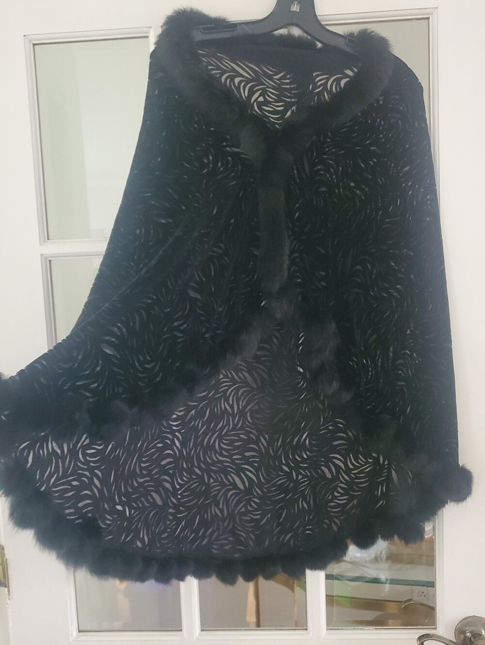 Fox Fur Trim Stunning Shear Velvet Design Cape Shawl
